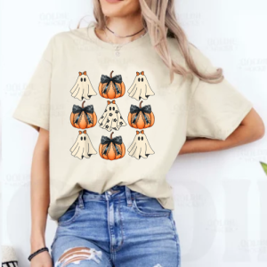 Custom Halloween coquette gosths and pumpkins natural T-Shirt