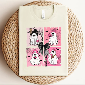 custom halloween coquette bow pink spooky halloween natural t-shirt