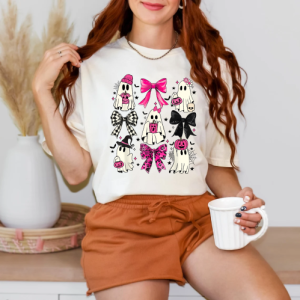 custom halloween gosths with pumpkins black and pink coquette natural t-shirt