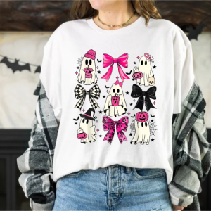 custom halloween gosths with pumpkins black and pink coquette white t-shirt