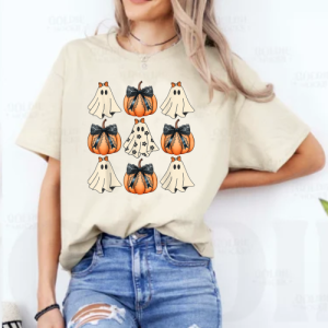 custom halloween pumpkin coquette black and gosths natural t-shirt