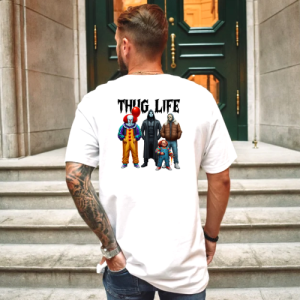 Custom White T-Shirt Black Thug life Michael Myers, It, Jason, Chucky Back