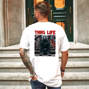 Custom White T-Shirt Red Thug life Scream Back