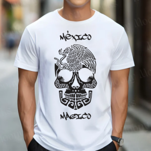 Playera Blanca Personalizada Calavera Negra Mexico Magico Para Hombre Frente