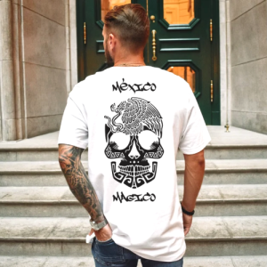 Playera Blanca Personalizada Calavera Negra Mexico Magico Para Hombre Reverso