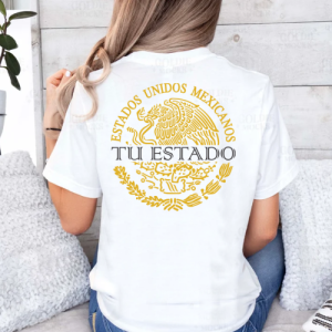 Playera Blanca Personalizada Escudo Mexicano Dorado con Estado en Negro Para Mujer Reverso
