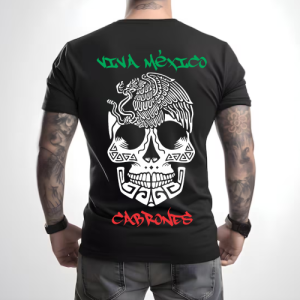 Playera Negra Personalizada Calavera Blanca Viva México Cabrones Tricolor para Hombre Reverso