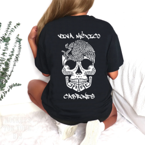 Playera Negra Personalizada Calavera Blanca Viva México Cabrones para Mujer Reverso