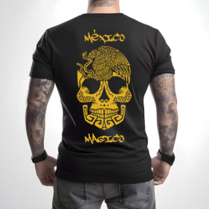 Playera Negra Personalizada Calavera Dorada Mexico Magico Para Hombre Reverso