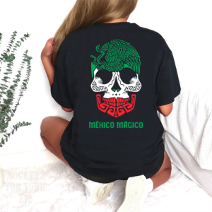 Playera Negra Personalizada Calavera Negra Mexico Magico Tricolor Para Mujer Reverso