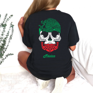 Playera Negra Personalizada Calavera Negra Mexico Tricolor Para Mujer Reverso