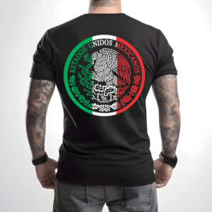 Playera Negra Personalizada Escudo Mexicano Circulo Para Hombre Reverso