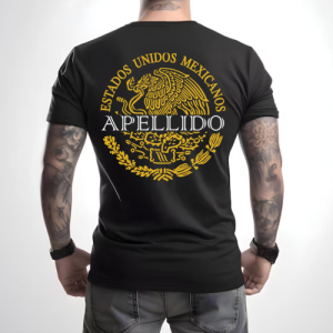 Playera Negra Personalizada Escudo Mexicano Dorado con Apellido en Blanco Para Hombre Reverso