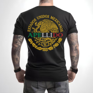 Playera Negra Personalizada Escudo Mexicano Dorado con Apellido en Color Para Hombre Reverso