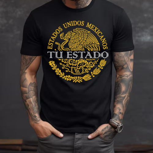 Playera Negra Personalizada Escudo Mexicano Dorado con Estado en Blanco Para Hombre