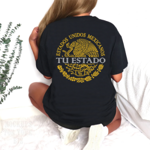 Playera Negra Personalizada Escudo Mexicano Dorado con Estado en Blanco Para Mujer Reverso