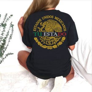 Playera Negra Personalizada Escudo Mexicano Dorado con Estado en Color Para Mujer Reverso