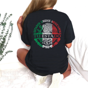 Playera Negra Personalizada Escudo Nacional Mexicano con Tu Estado Para Mujer Reverso