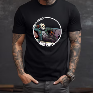 Custom Black T-Shirt horror movies and chill Front