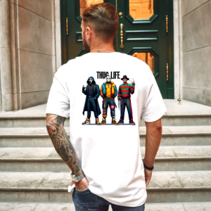 Custom White T-Shirt Black Thug Life GosthFace, Jason, Freddy back