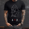 Black Men's t-shirt with hugging couple and initials.